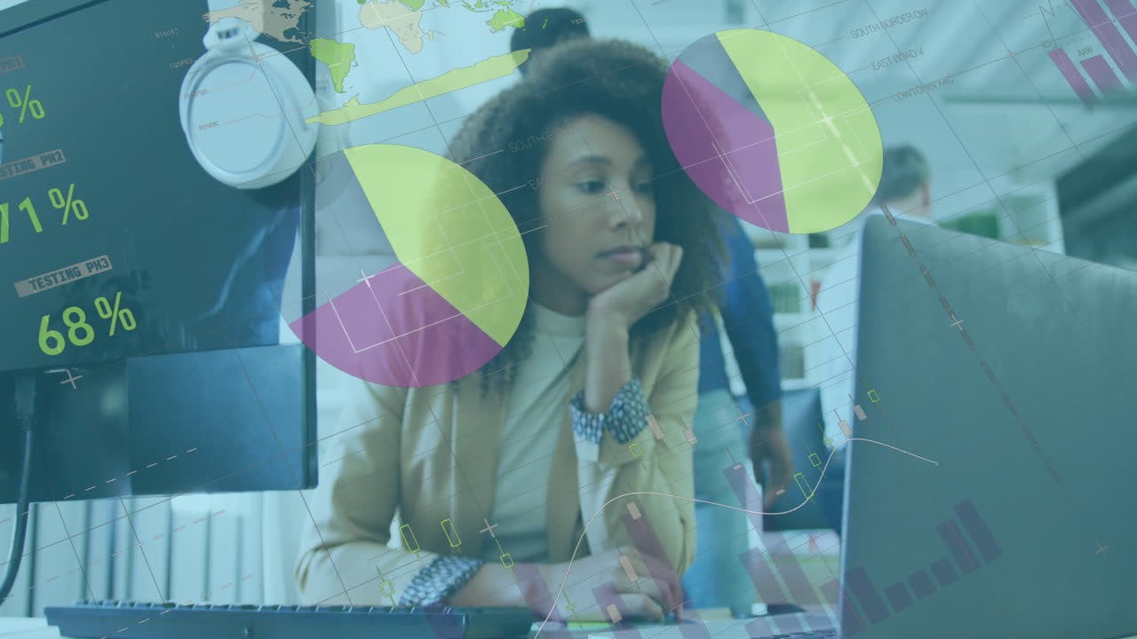 animación de procesamiento de datos estadísticos sobre la pensativa mujer de negocios afroamericana en la oficina