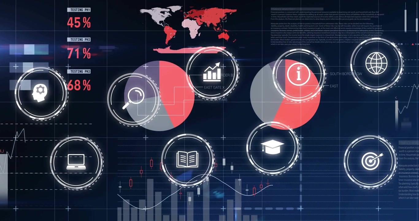 Data feed loading widgets, expanding gauges, pulsing pies, rearranging into grid, showing finance