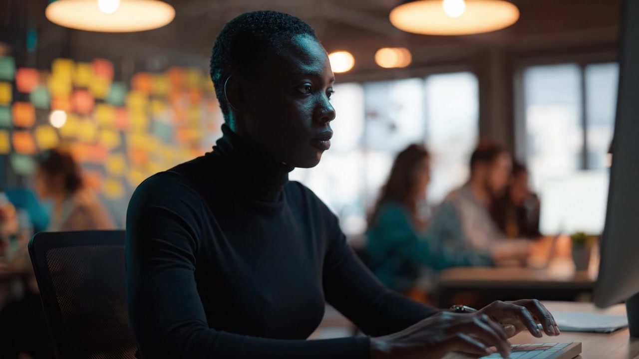 A focused individual working diligently at a computer in a vibrant, collaborative environment, showcasing concentration and productivity alongside others in a modern office.