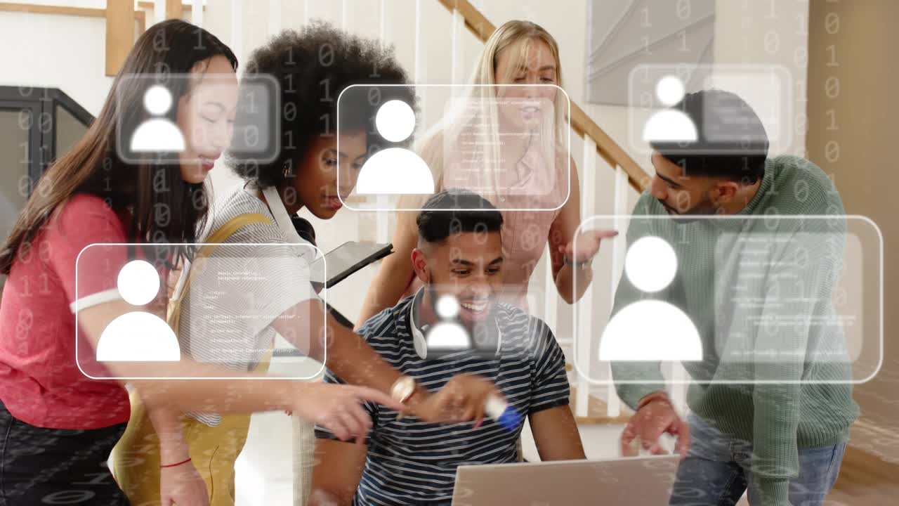 AR globe appearing and overlaying table team of five gathering around laptop and product planning