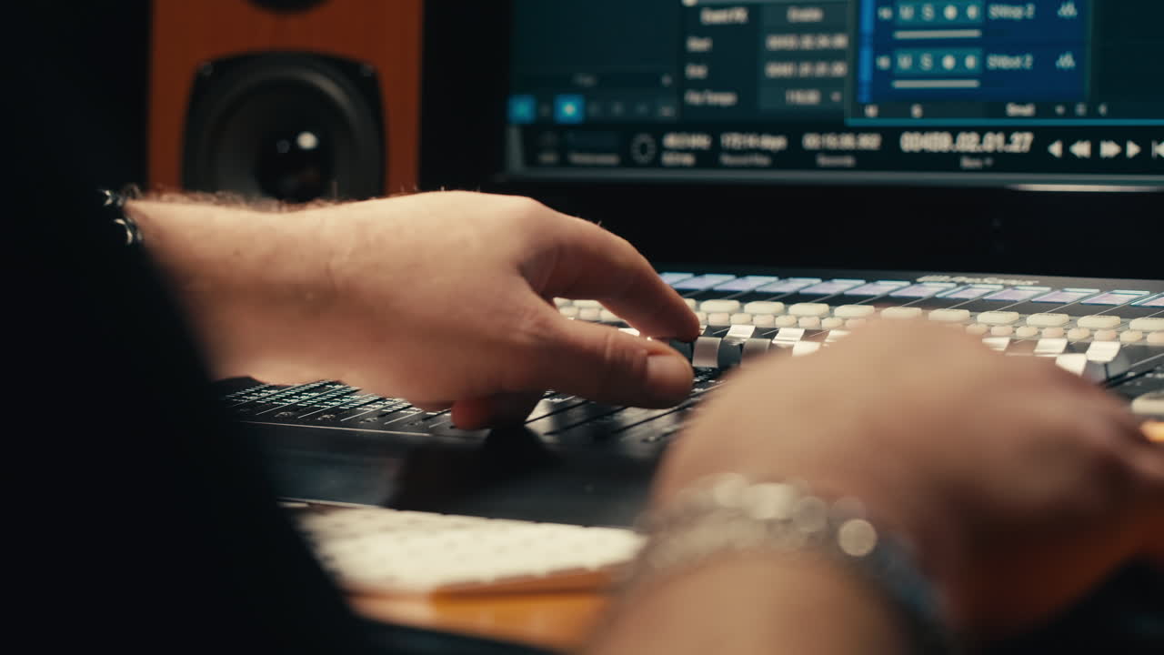 스튜디오에서 음악을 만드는 사운드 엔지니어, 라디오 방송 스튜디오에서 일하는 아시아 인기 dj 또는 녹음 스튜디오, 리허설, 오디오 프로덕션에서 일하는 음악 프로듀서.