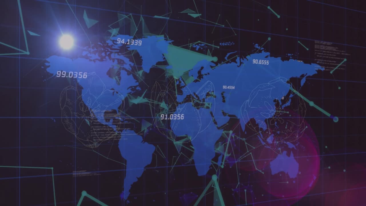 데이터 처리 및 세계 지도와 연결된 네트워크를 통해 빛의 흔적을 애니메이션