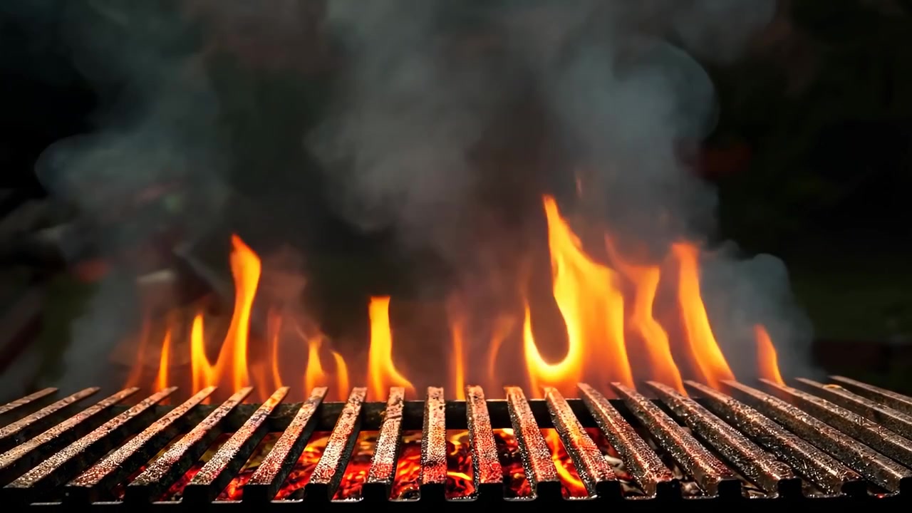 Primo piano di una griglia per barbecue calda con fiamme intense e fumo
