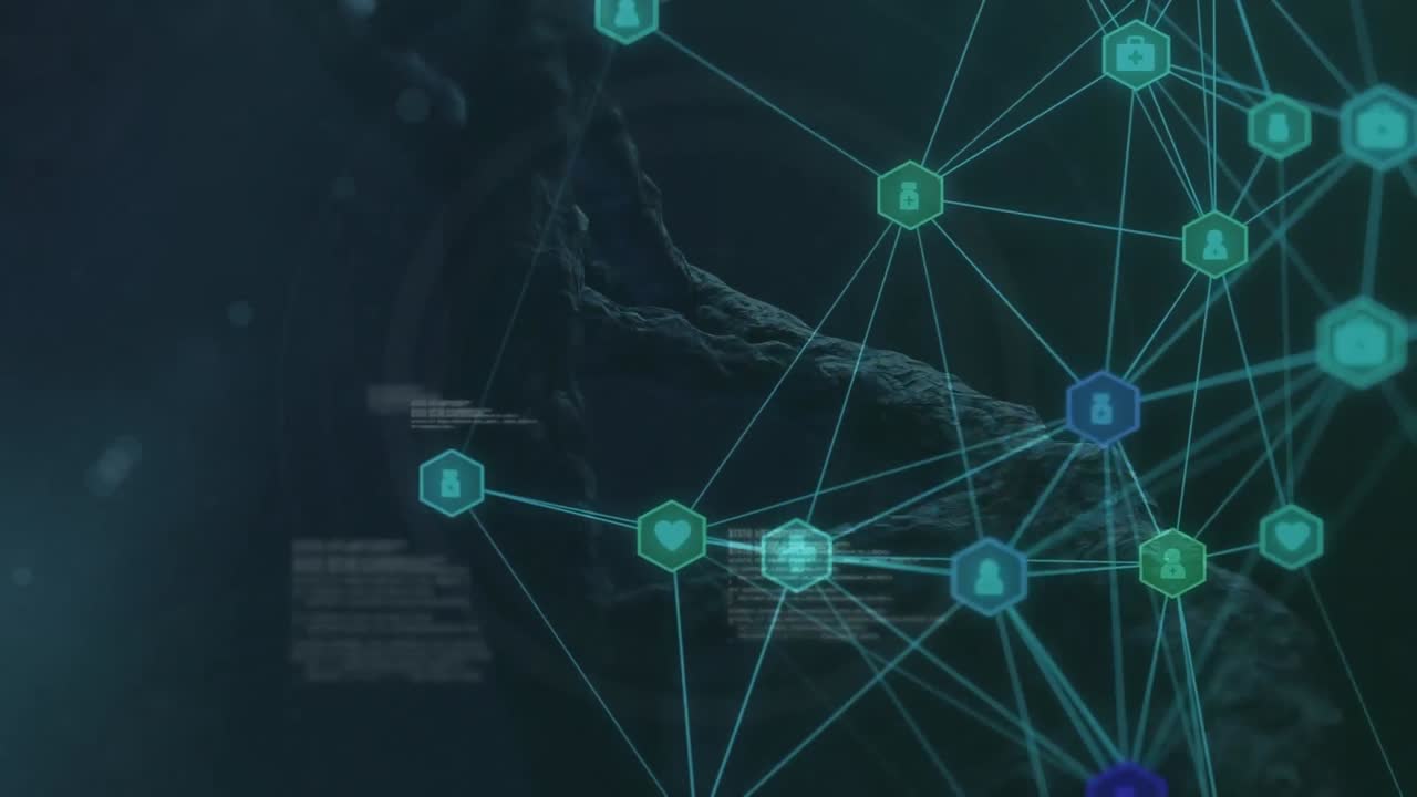 Digital composite video of web of connections with icons moving against dna structure spinning