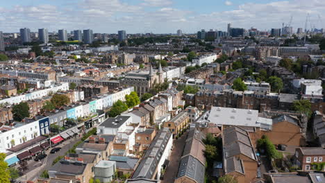 Panorama-curve-footage-of-urban-neighbourhood.-Rows-of-family-houses-along-streets.-Downtown-skyscrapers-in-distance.-London,-UK