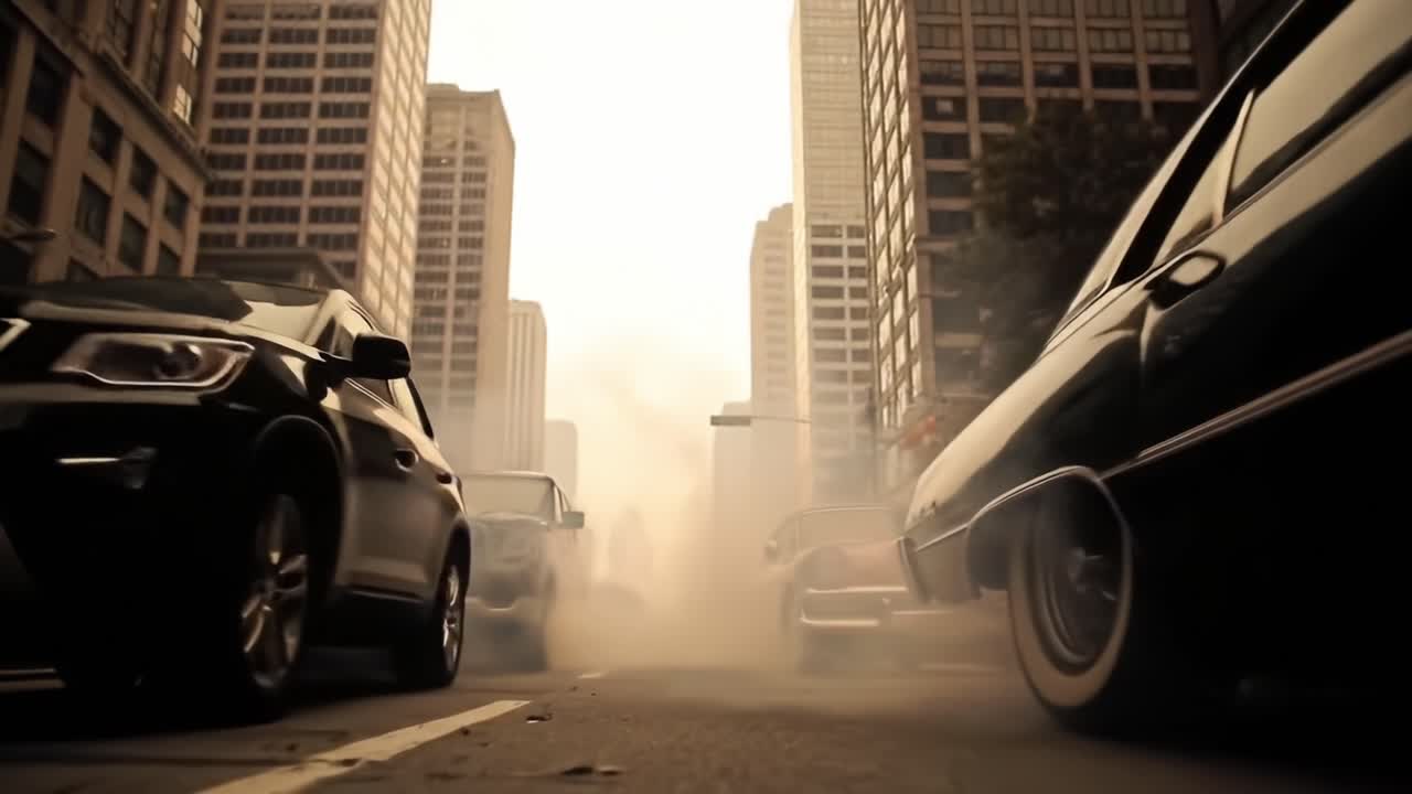 Amidst the Urban Chaos: A Dramatic Scene of Cars Navigating Through a Dusty Cityscape, Showcasing Vintage Automobiles and Modern Vehicles in Motion