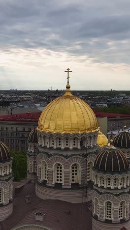 explore a vertical aerial view of riga's nativity cathedral, highlighting its gilded domes and architectural grandeur.