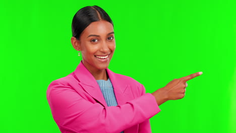 Woman,-green-screen-and-portrait-of-pointing-to