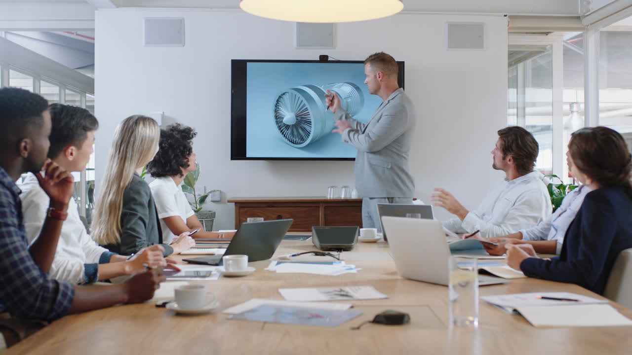 경영인 들 이 회의실 에서 만나는 엔지니어 남자 가 tv 스크린 에서 터빈 설계 를 제시 하고 동료 들 과 기술 브리핑 을 나누고 사무실 에서 아이디어 를 논의 하는 프레젠테이션