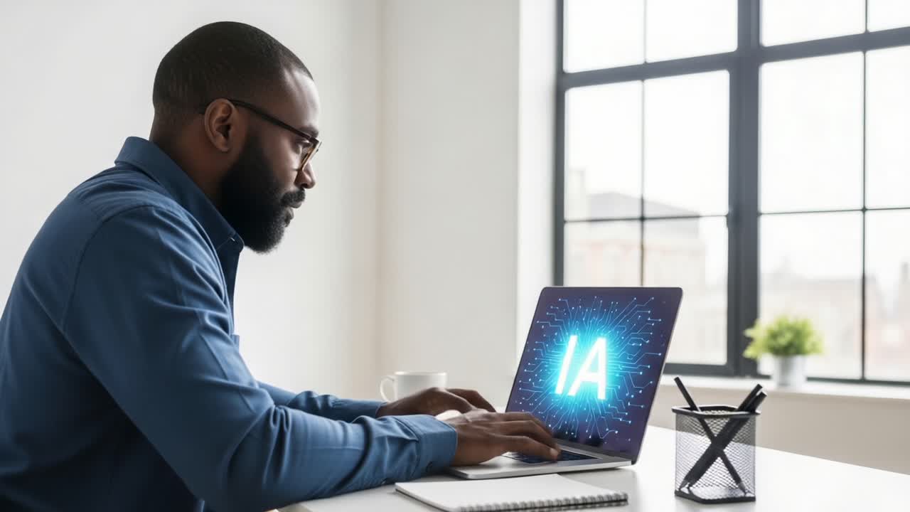 A Focused Individual Engaging with Innovative Technology at a Modern Workspace, Highlighting the Importance of AI in Today's Digital Environment