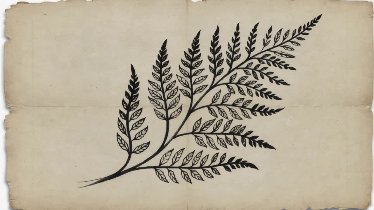 En stilk dukker op, en voksende blækskitse af et blad spredes over ældet pergament, mens blade tilføjes for at færdiggøre tegningen.
