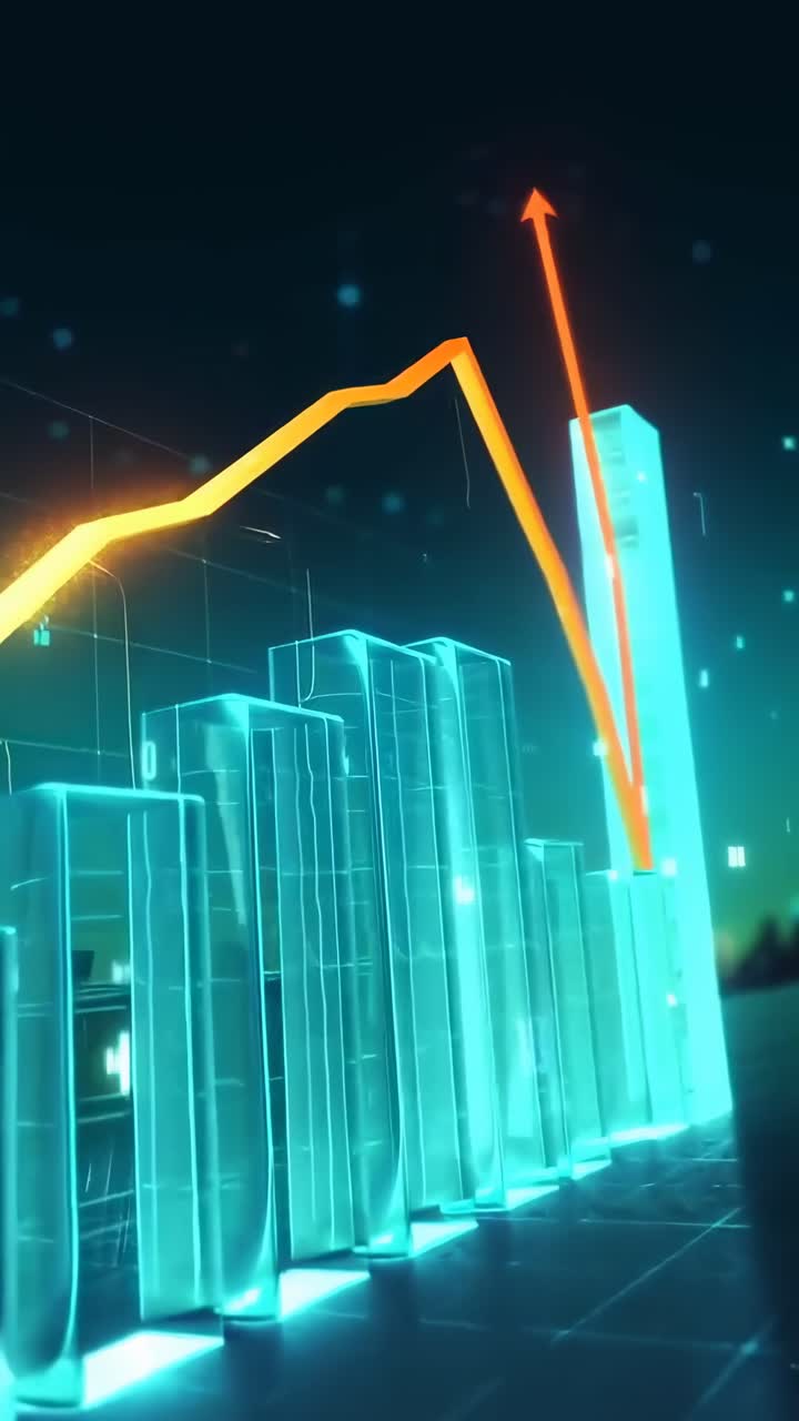 Video dinamico di un grafico a barre 3D luminoso con tendenza al rialzo, ripreso da un'angolazione bassa