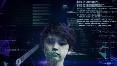 animated portrait of boy with scientific data and global network connections.