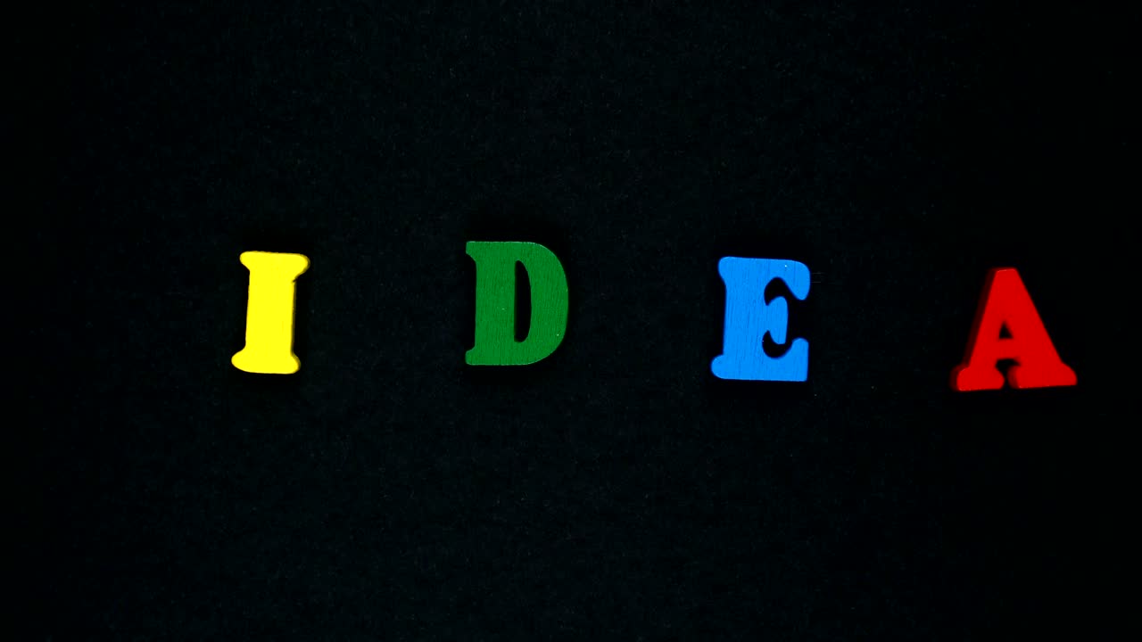 la palabra "idea" está formada por letras de madera multicolores. palabras coloridas en bucle.