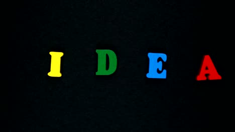 word "idea" formed of wooden multicolored letters. colorful words loop.