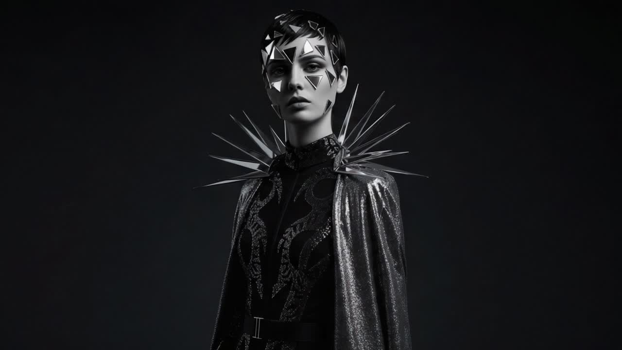 A Stunning Fashion Statement: A Model Wears a Dramatic Ensemble Featuring a Faceted Mask and Spiked Accessories Against a Dark Background