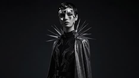 a stunning fashion statement: a model wears a dramatic ensemble featuring a faceted mask and spiked accessories against a dark background