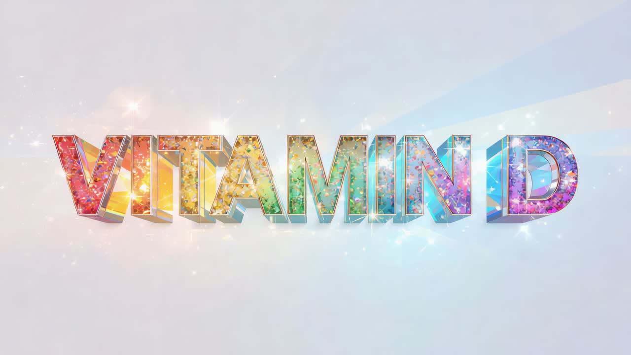 Appearing on right, blue granules sweeping left beneath 3D VITAMIN D in studio, adding glitter