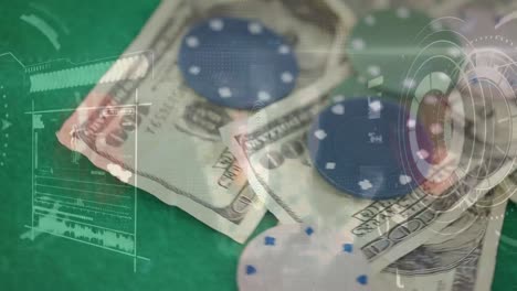 animation of diverse data over rotating dollar banknotes and tokens