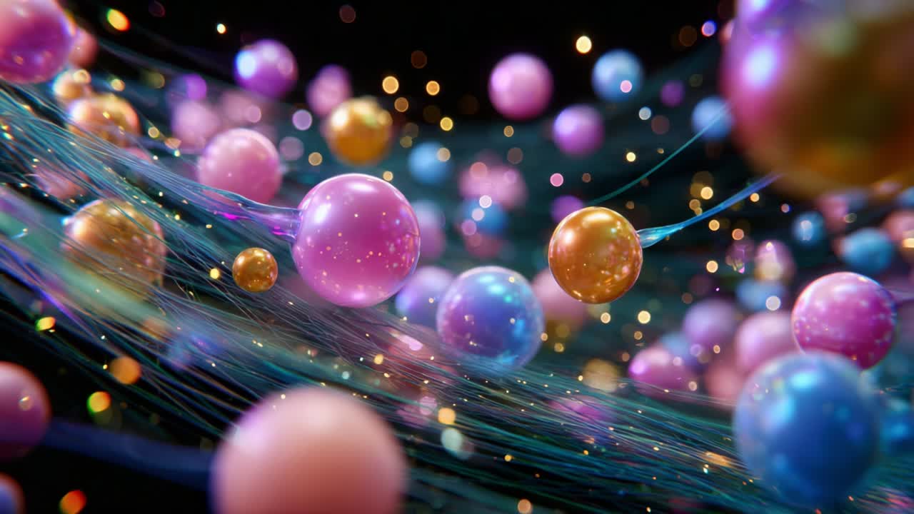 An Enchanting Display of Vibrant Spheres Floating Effortlessly Amidst a Colorful Background of Blurred Lights, Creating a Captivating Scene of Harmony and Depth in a Dreamlike Universe