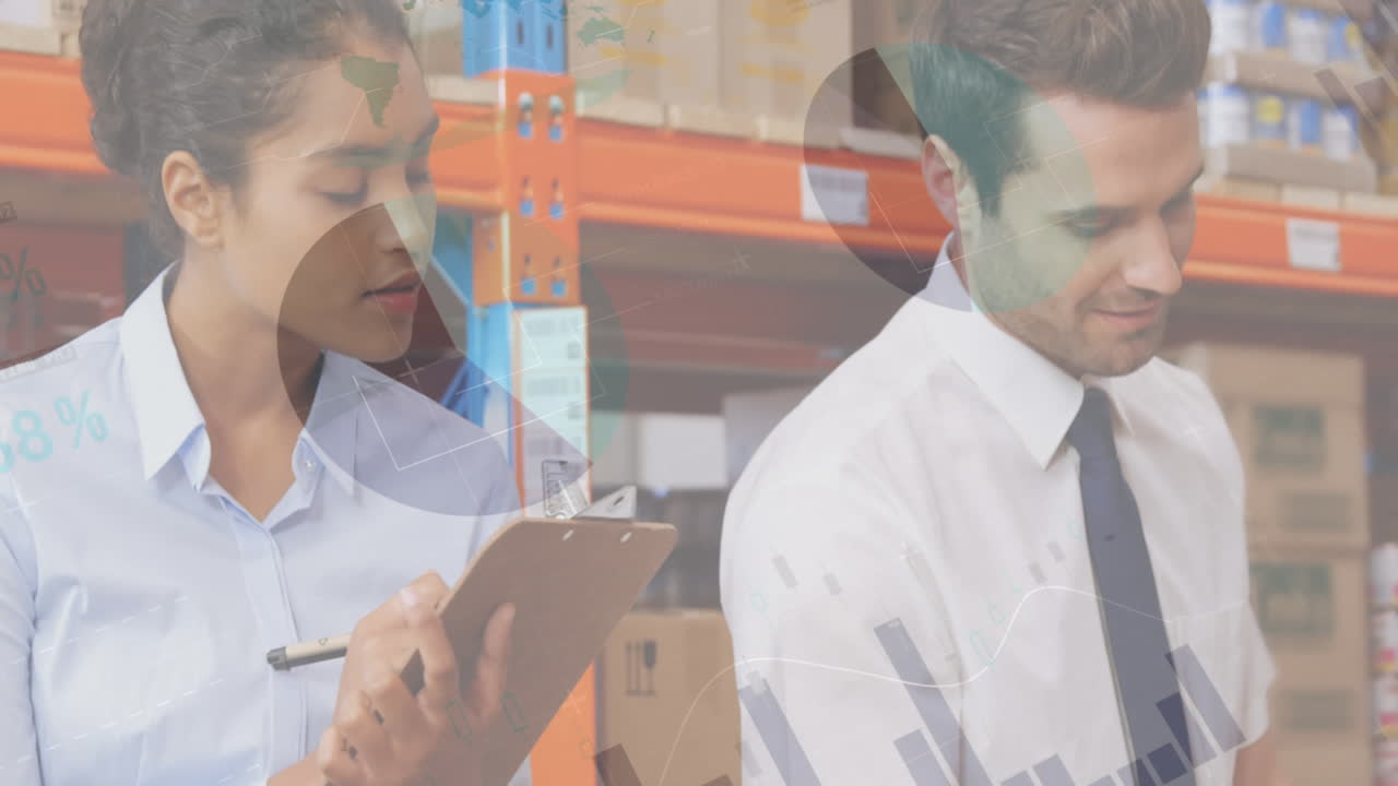 Animation of data processing over people writing on clipboard in warehouse