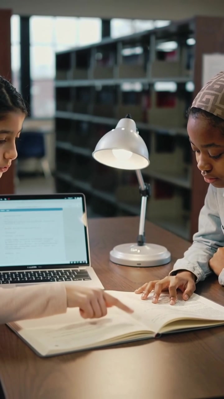 Vertical video: Typing left peer pointing right peer with headband studying book at library laptop