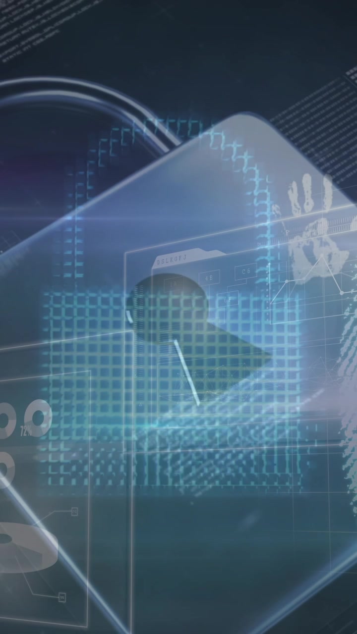 Animation of padlock icon over data processing and fingerprint on black background