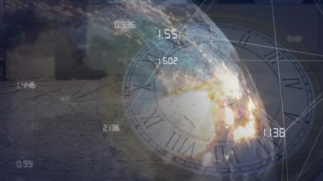 animación de la red de conexiones en todo el mundo, reloj y personas caminando por la calle