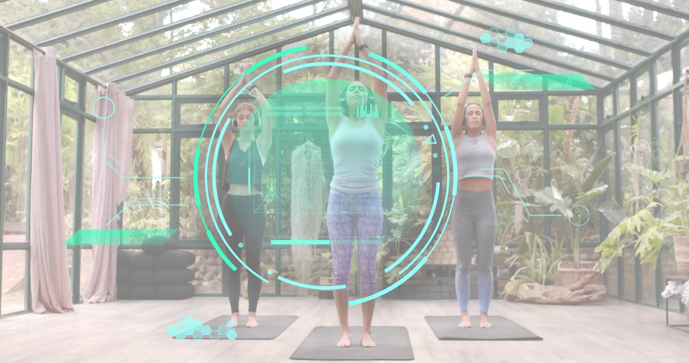 Three women raising arms in yoga beneath glass roof, holographic rings fading in syncing breaths