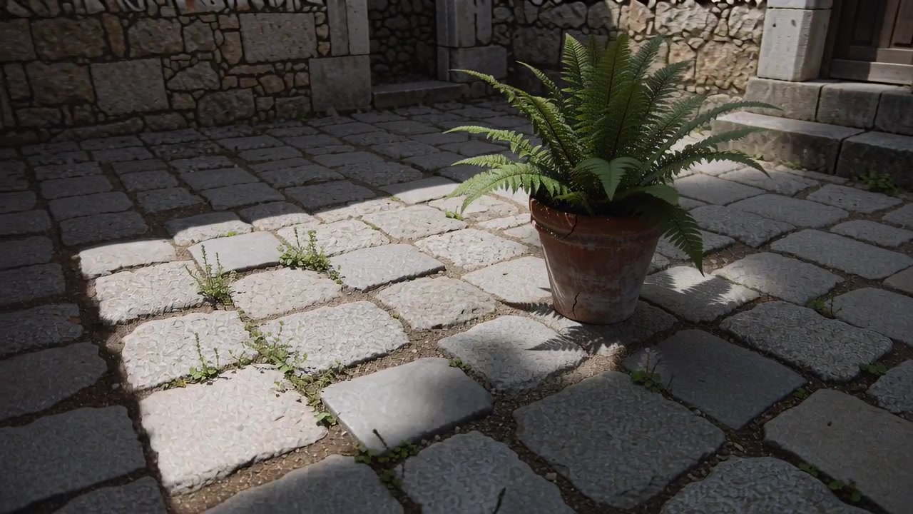 Sweeping sun crossing stone courtyard, moving fern shadow over stained terracotta pot, copy space