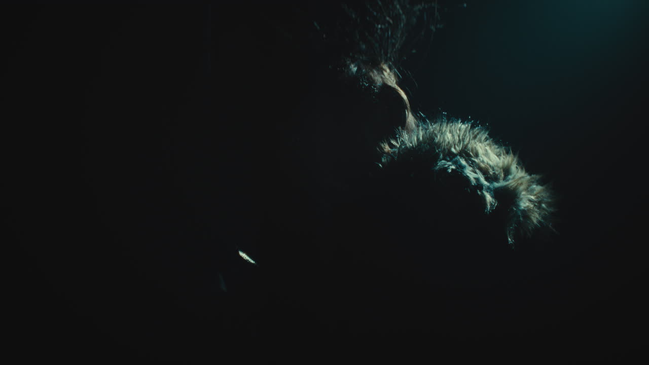 A creepy witch rises her head during the night storm