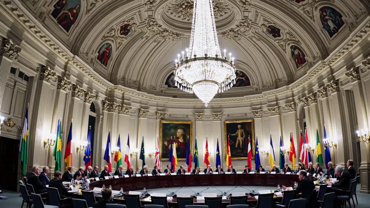 Wide-angle shot of a grand conference room with diplomats seated around a table, flags displayed