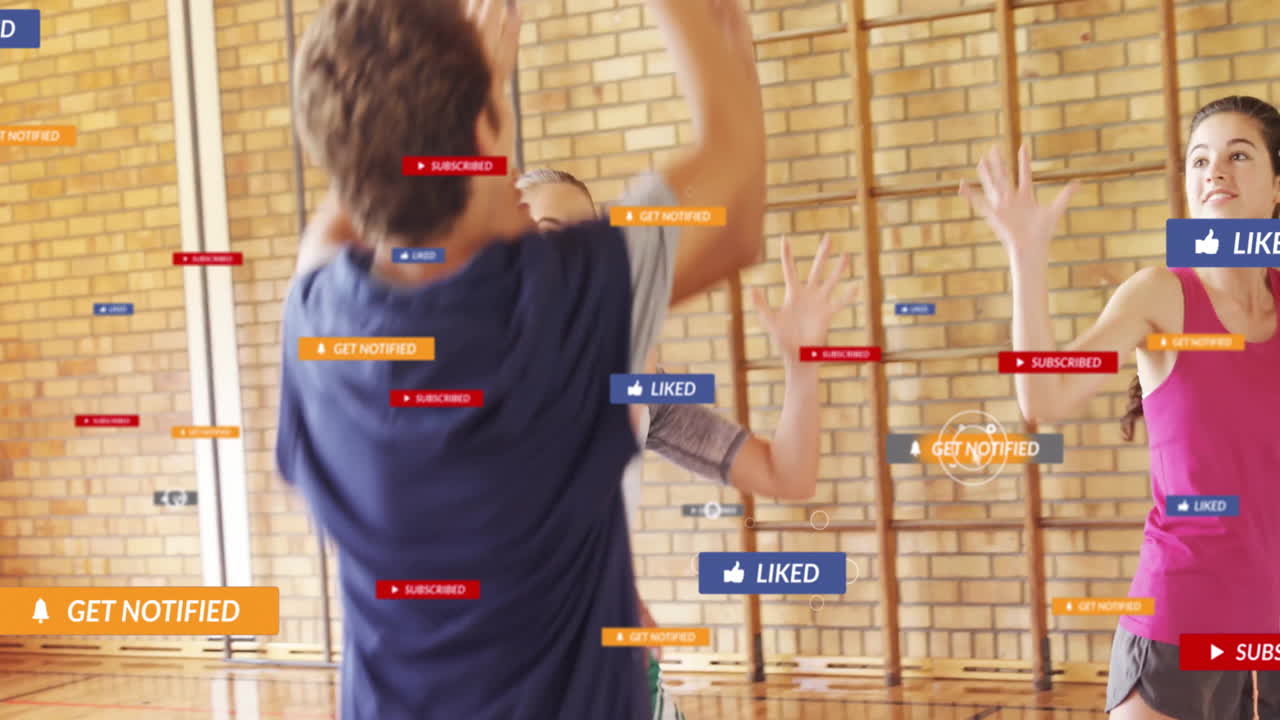 People exercising in gym with social media notifications overlay animation