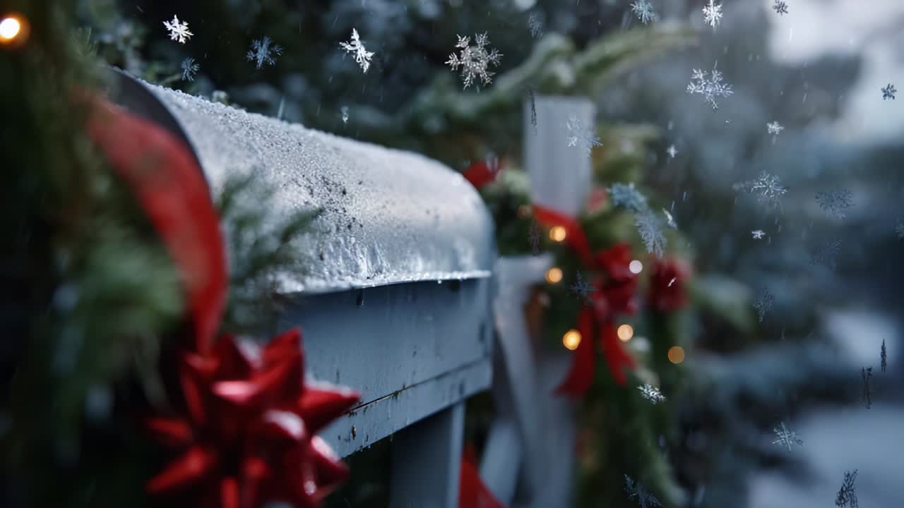 A Serene Winter Scene Captured: The Beauty of a Snow-Covered Mailbox Adorned with Holiday Decorations, Sparkling Snowflakes, and Lush Greenery That Evokes a Heartwarming Sense of Festive Cheer