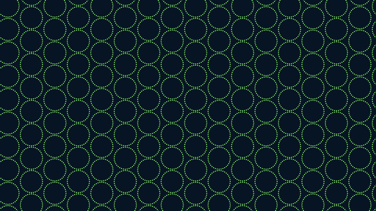 Abstract seamless repeating footage of green dotted circles on a dark blue background, ideal for motion design, digital wallpaper, tech themes, and overlays