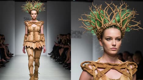 innovative fashion design featuring nature-inspired outfit and dramatic tree-like hairdo on model walking down runway in bold presentation of creative style