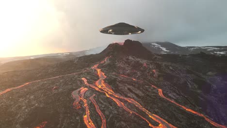 platillo volador sobre un volcán activo, vista desde el aire
