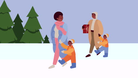 christmas animation with parents and kids in snowscape