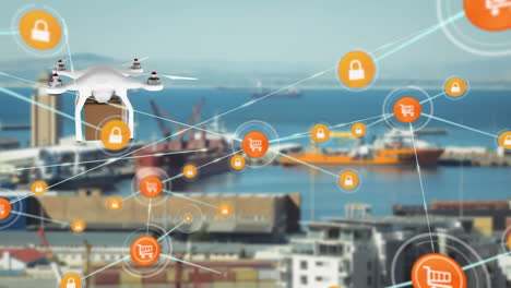 animación de la red de conexiones con iconos sobre el drone de entrega con paquete