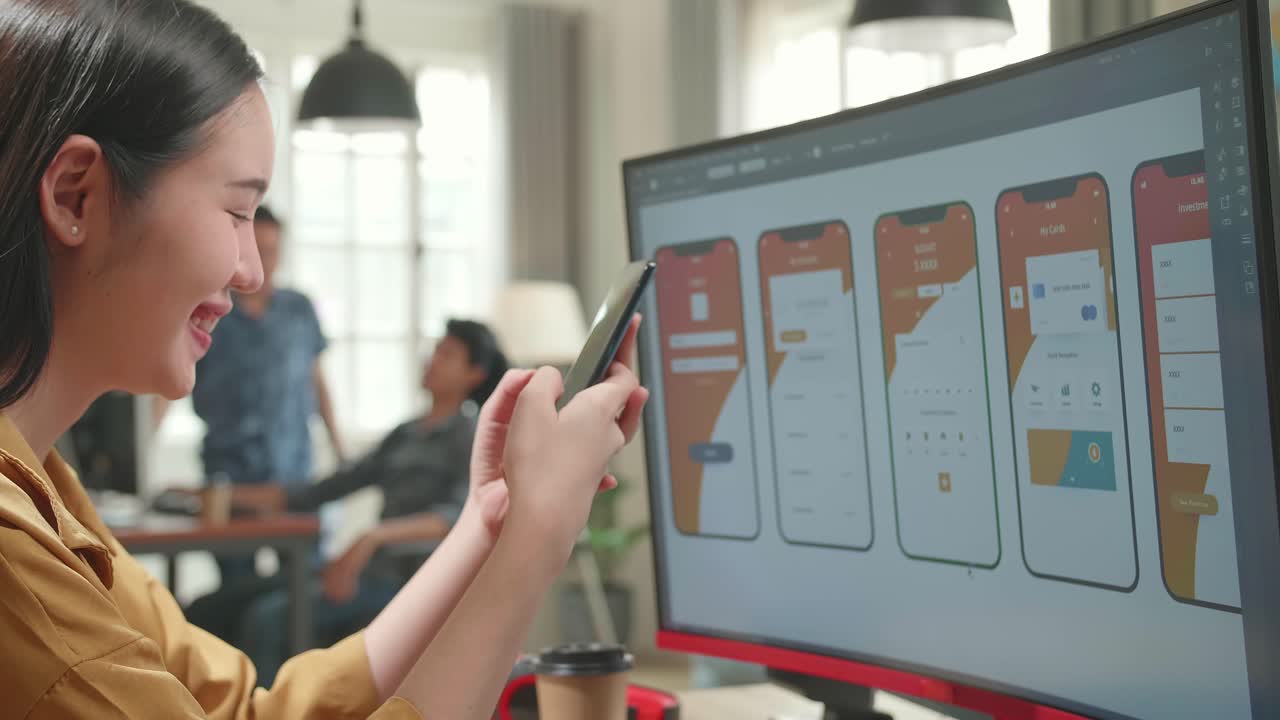 Asian Female Mobile Application Developer Works And Using Mobile Phone With Graphics On Her Personal Computer In Office