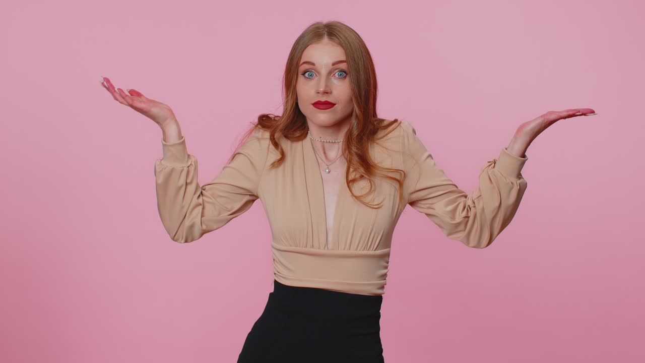 Confused pretty girl feeling embarrassed about ambiguous question having doubts no idea clueless