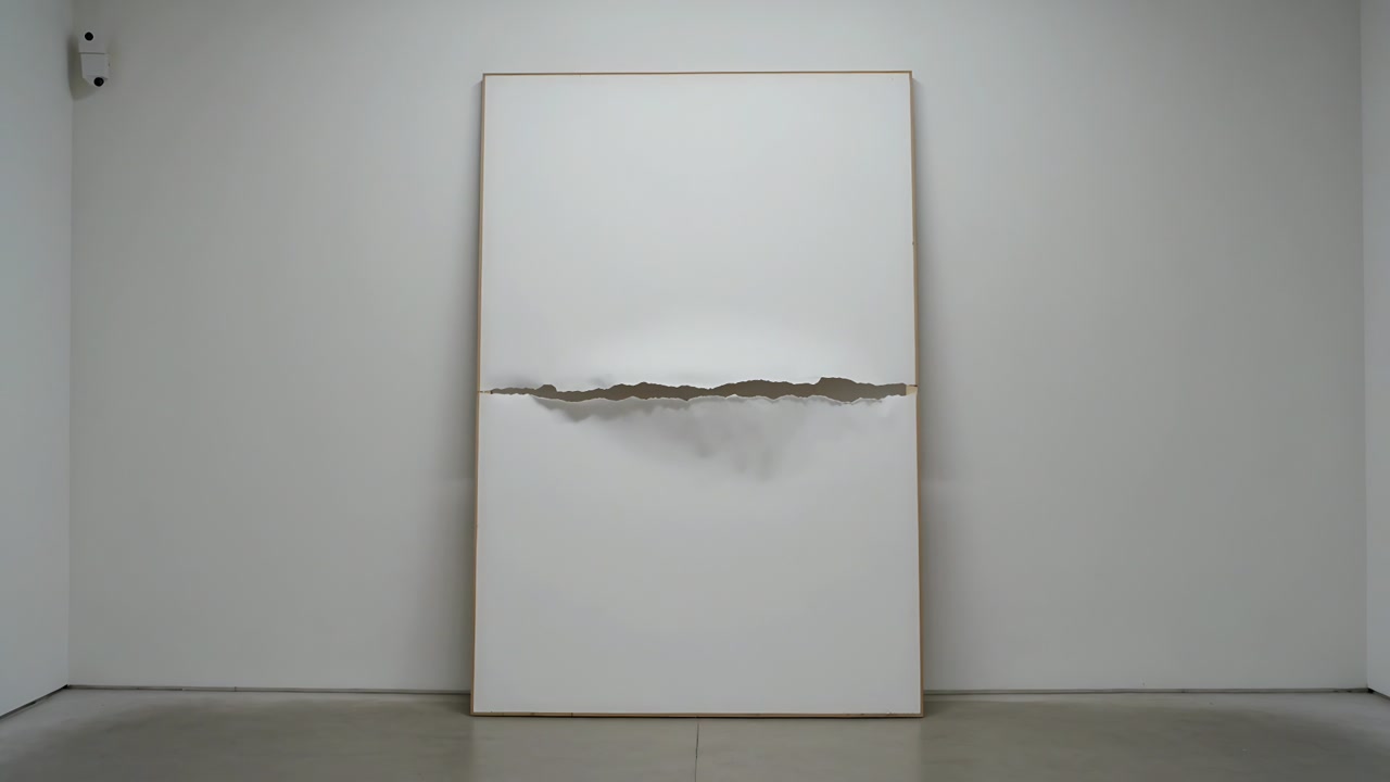 Dollying camera moving closer to large canvas in gallery, revealing torn midline and sensor