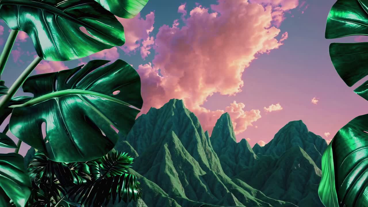 Surreal video scene with a low-angle view of lush green leaves framing jagged mountains under a pink