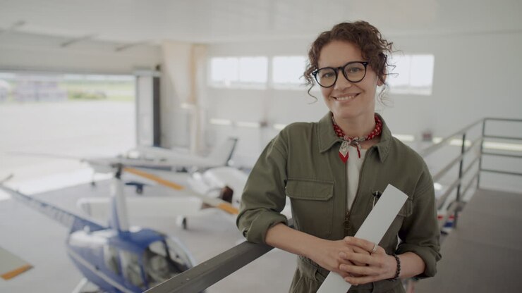 Portrait of Smiling Female Aircraft Engineer Holding Blueprint in Hangar