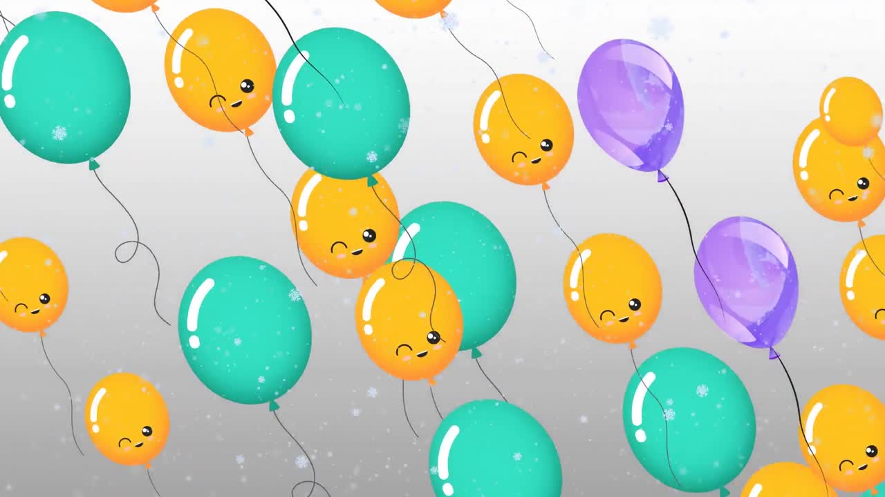 Animazione di palloncini che volano su neve che cade su sfondo grigio.