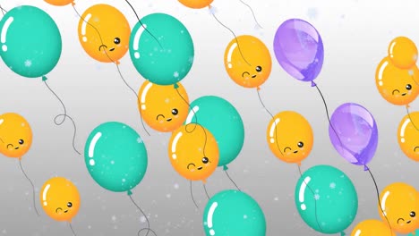 Animation-of-balloons-flying-over-snow-falling-on-grey-background