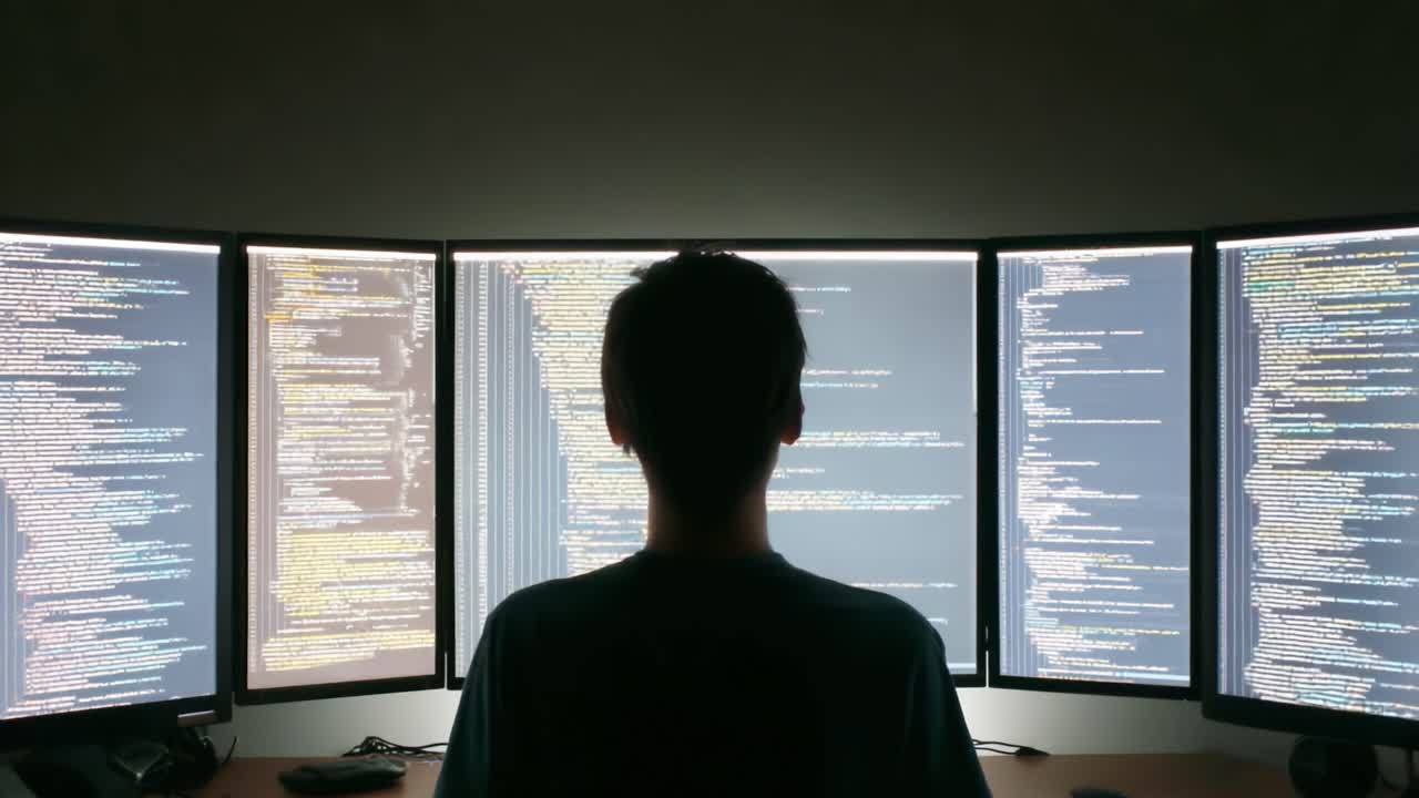 A Programmer Engaged in Deep Focus While Analyzing Complex Code on Multiple Monitors, Surrounded by Streams of Colorful Programming Languages at Night