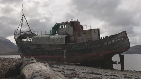 Low-angle-shot-of-the-Corpach-Shipwreck-on-the-shores-of-Fort-William,-Scotland