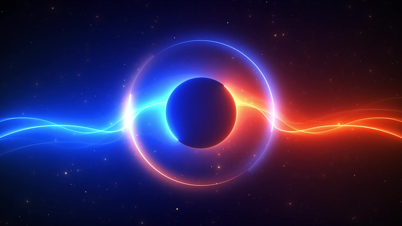 Fundo de luz com esfera de energia colorida, círculo brilhante, ondas azuis e vermelhas, espaço escuro e luminosidade.