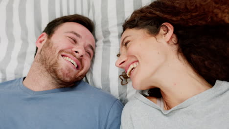 love, happy couple and selfie on bed in bedroom